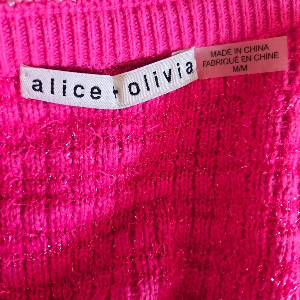 Alice + Olivia Akira Cropped Embellished Pink Tinsel Waffleknit Cardigan Medium - Picture 5 of 7
